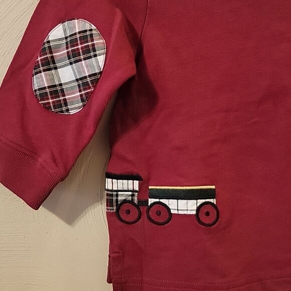 𝅺JANIE AND JACK RED LONG-SLEEVE POLO WITH TRAIN DESIGN AND TARTAN PLAID TRIM - Picture 5 of 9
